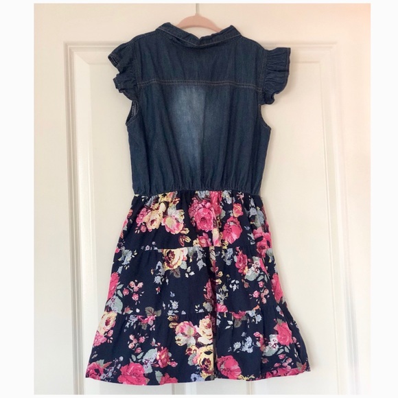 Girls Ruffled Floral Denim Dress - Picture 3 of 3